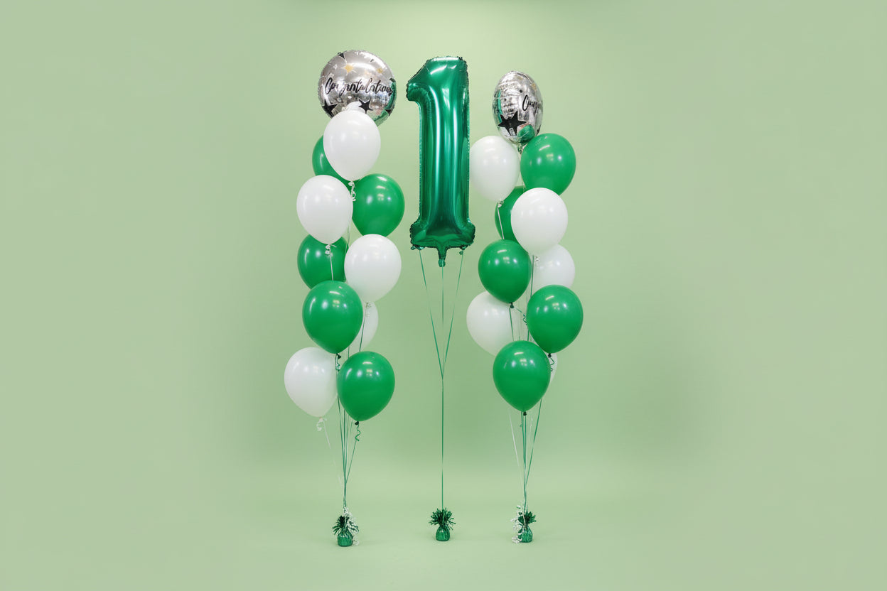 Green & White Number 1 Balloon Bouquet – Balloons Shop London