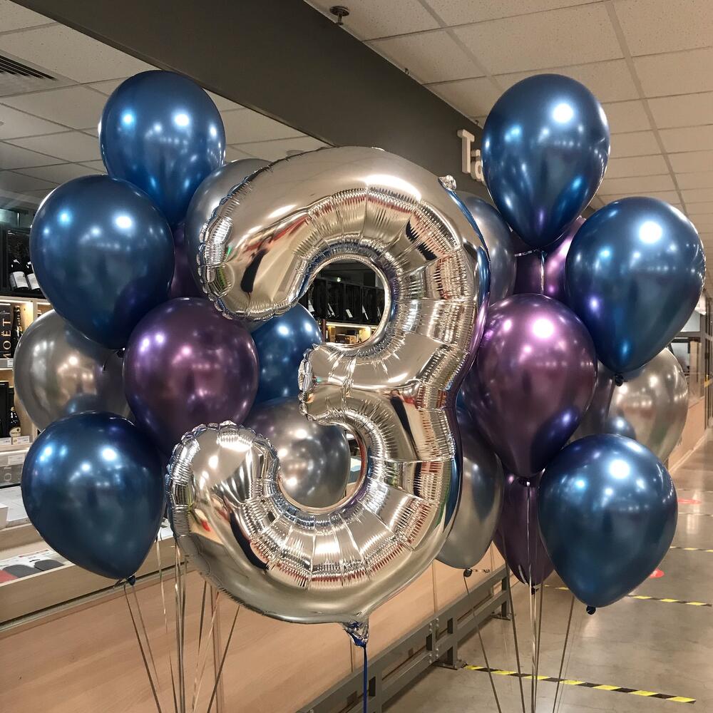 Chrome Blue & Purple Number 3 Balloon Bouquet ā 21 Balloons