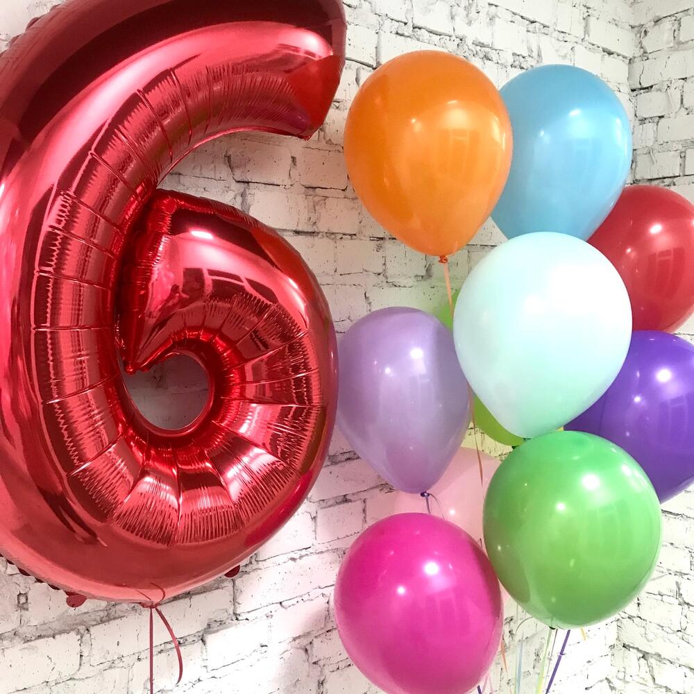 Colorful 6th Birthday Balloon Bouquet with Red Foil Number and Rainbow Latex