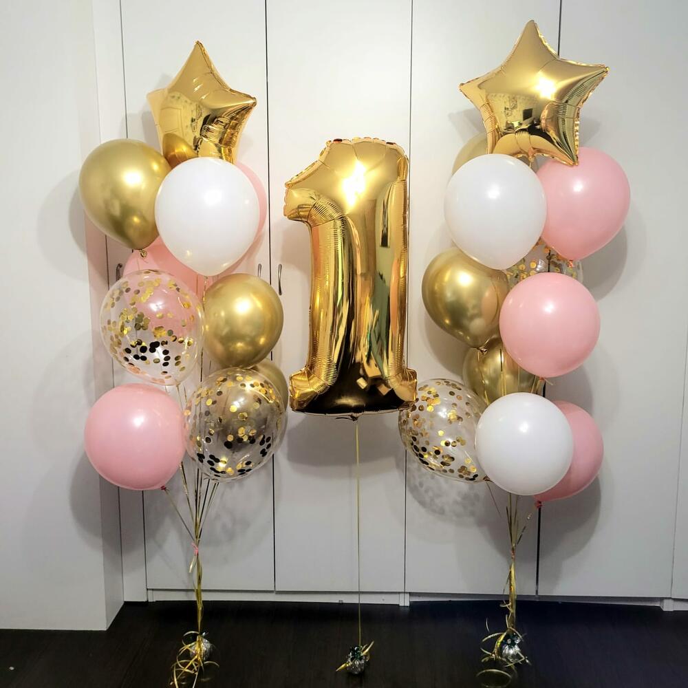 Pink, Gold & White Number 1 Birthday Balloon Stand – 15 Balloons