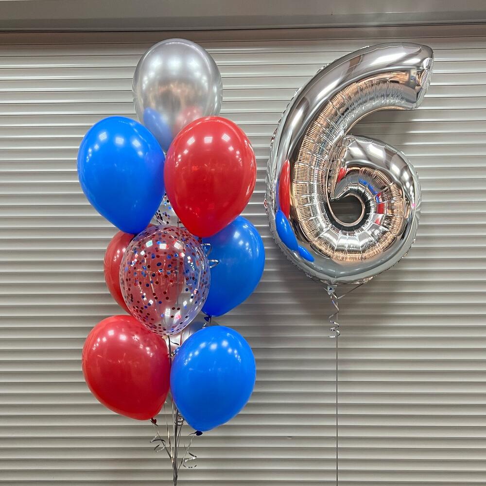 Red, Blue & Silver Number 6 Birthday Balloon Bouquet – 9 Balloons