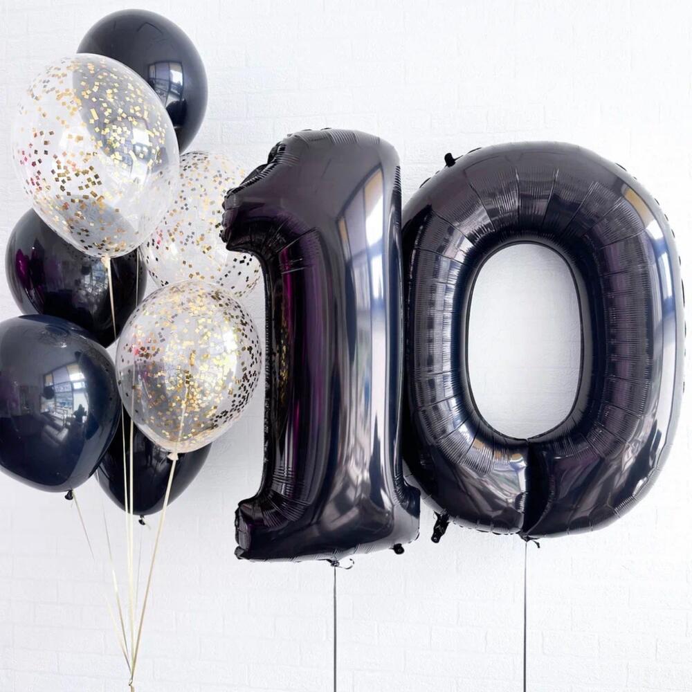 Black & Gold Number 10 Birthday Balloon Bouquet – 9 Balloons