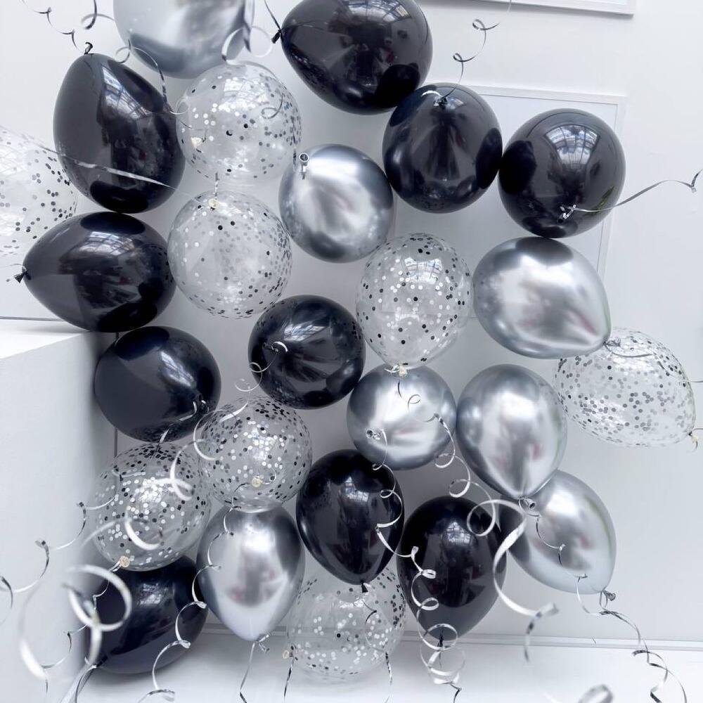 Black, Silver Chrome & Confetti Ceiling Balloons