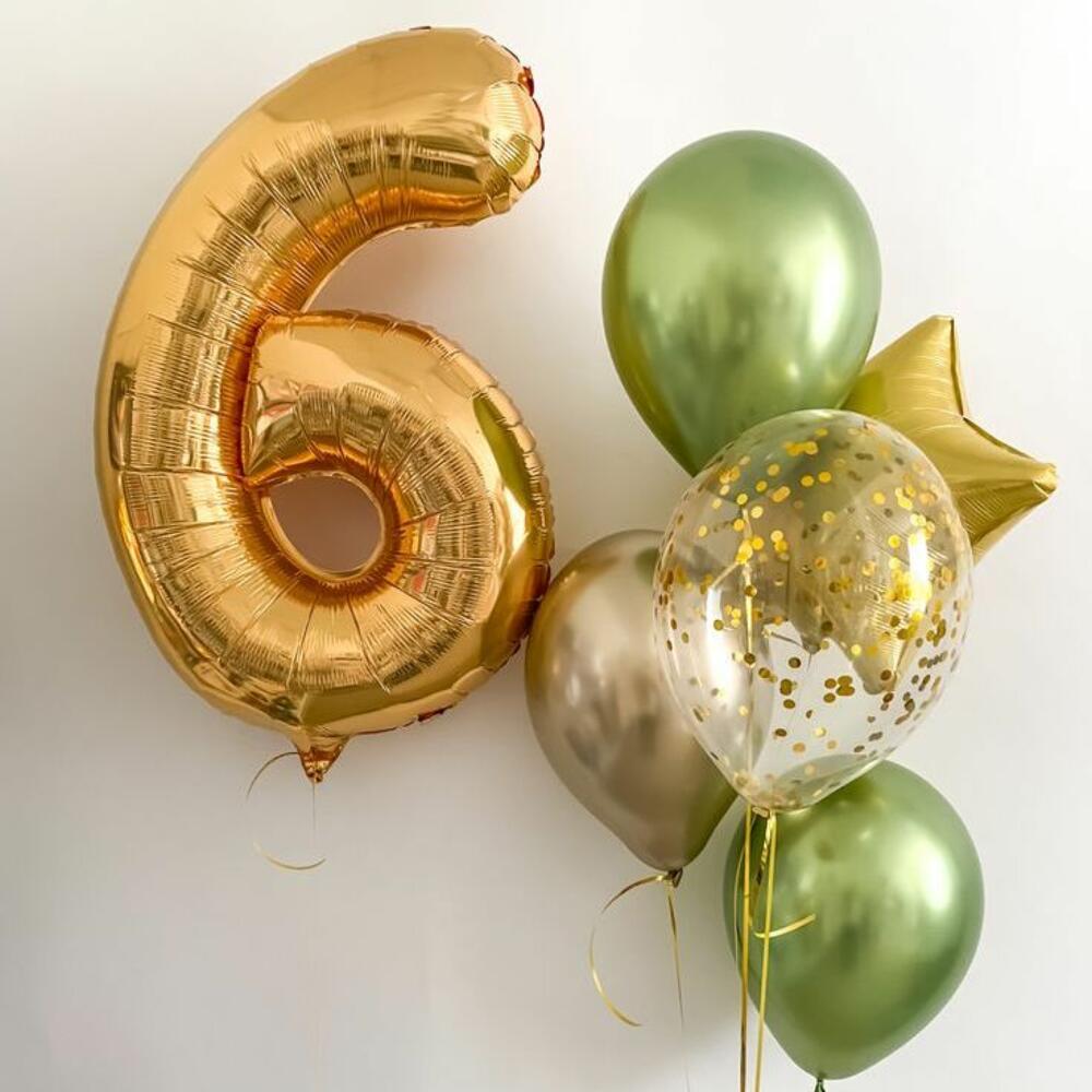 Green & Gold Number 6 Birthday Balloon Bouquet with Star – 6 Balloons