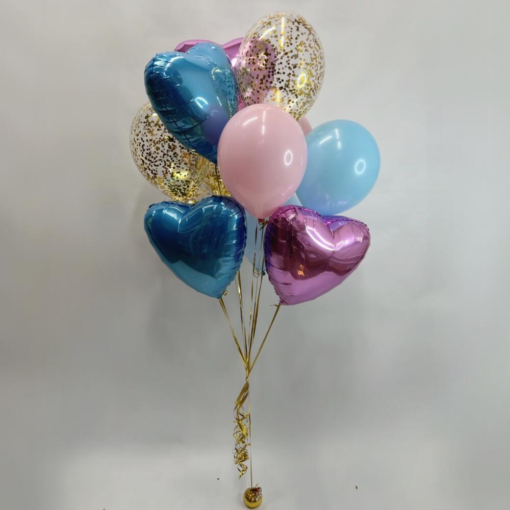 Pink & Blue Heart Foil Balloon Bouquet with Confetti