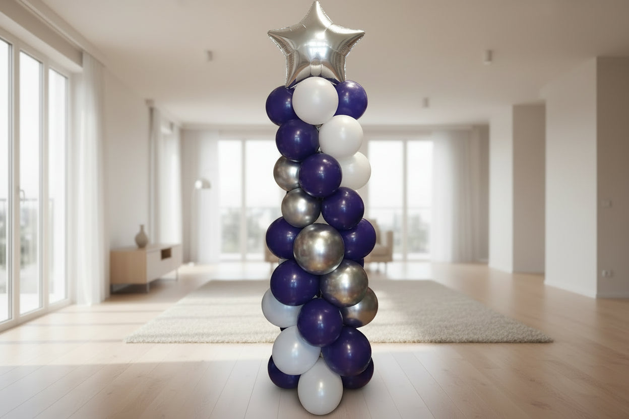 Balloons Pillar White and Blue with Silver Foil Star