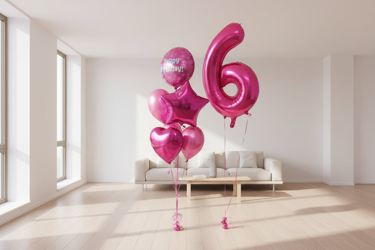Number 6 Foil with Happy Birthday Foil and Latex Balloons Bouquet