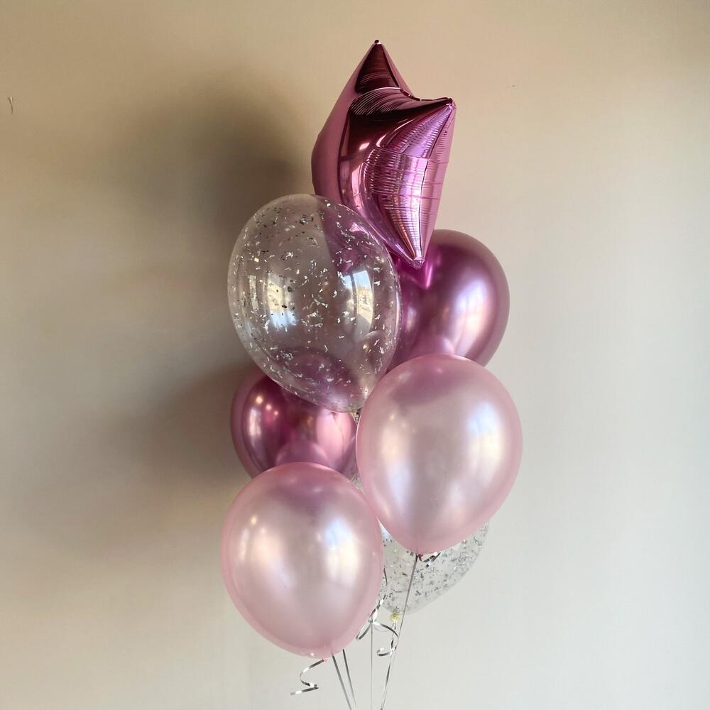 Pink chrome and confetti balloon bouquet with foil star, 7 balloons, for celebrations in London