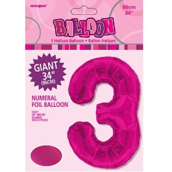 34" Pink Foil Number 3 Helium Balloon