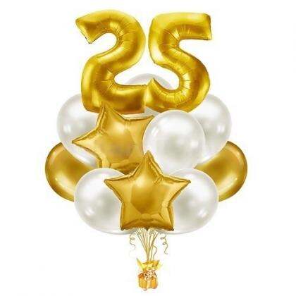 Gold Foil Number 2 and 5 with Foil Stars and Latex Balloons Bouquet