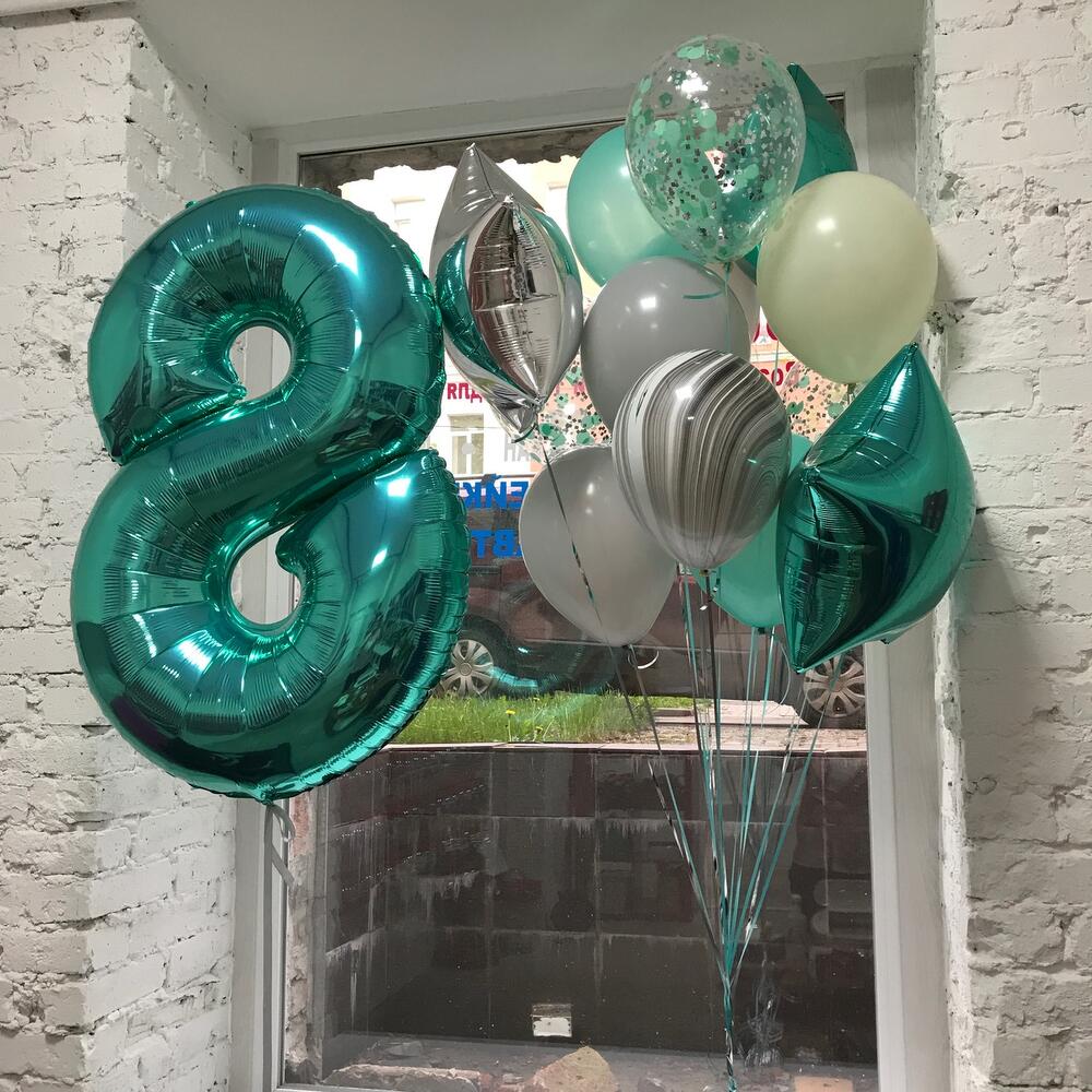 Emerald Green Number 8 Balloon Bouquet with Confetti, Stars & Latex Balloons