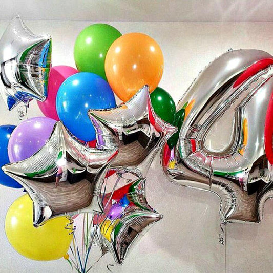 40th Birthday Balloon Display with Silver Stars & Multicolor Latex Balloons