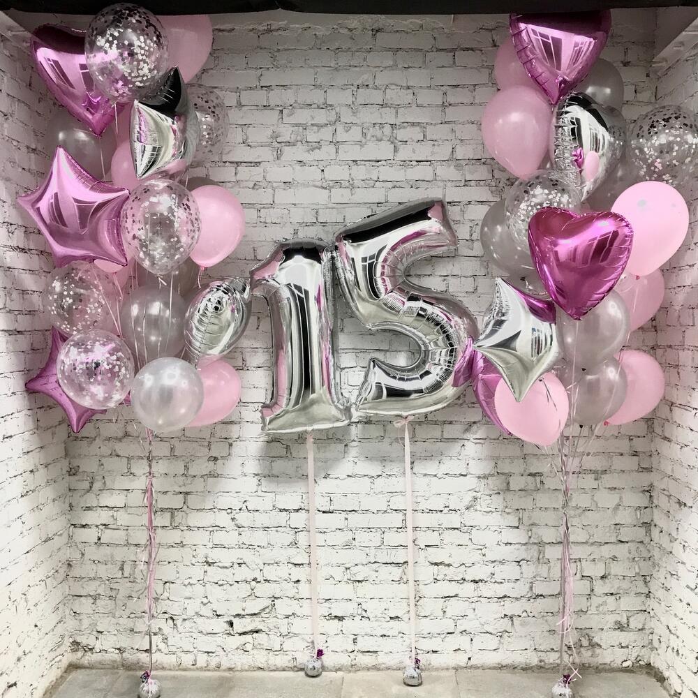 15th Birthday Balloon Display with Pink Foil Stars, Heart & Confetti Balloons