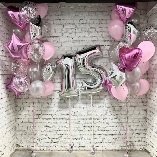 15th Birthday Balloon Display with Pink Foil Stars, Heart & Confetti Balloons