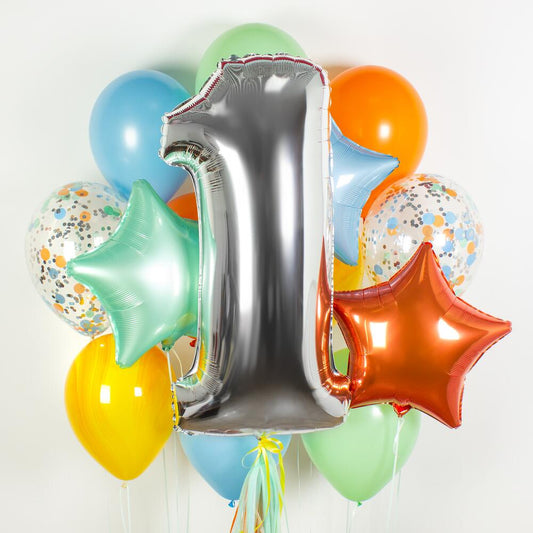 1st Birthday Balloon Bouquet with Silver Foil Number & Colorful Stars