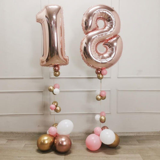 Elegant Rose Gold 18 Number Balloon Display with Mini Latex Base – 24 Balloons