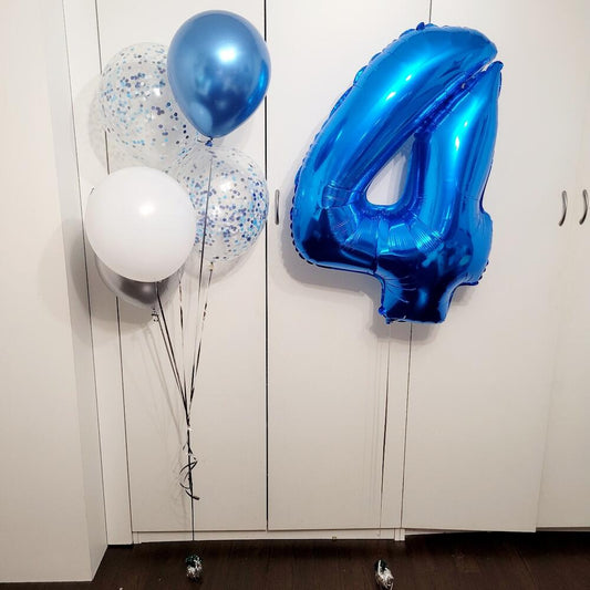 Blue & White Birthday Balloon Bouquet with Number 4 – 6 Balloons