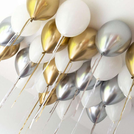 Ceiling Balloons Set – Chrome Gold, Chrome Silver & White Latex