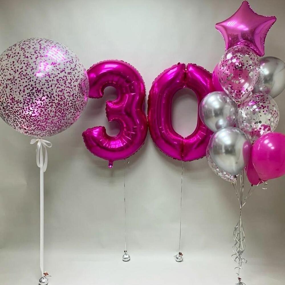Hot Pink 30th Birthday Balloon Set with Giant Confetti and Star Foil Display