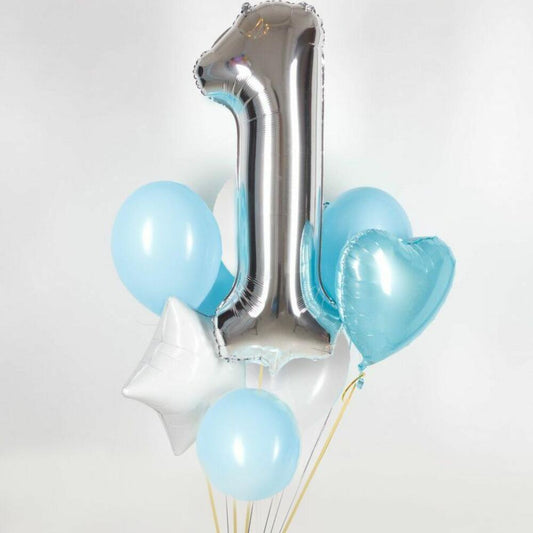 Silver Number 1 Balloon with Blue Heart, White Star & Latex Mix
