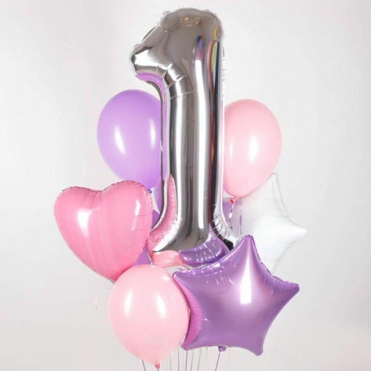 Silver Number 1 Balloon Bouquet with Pink Heart, Purple Star & Latex Mix