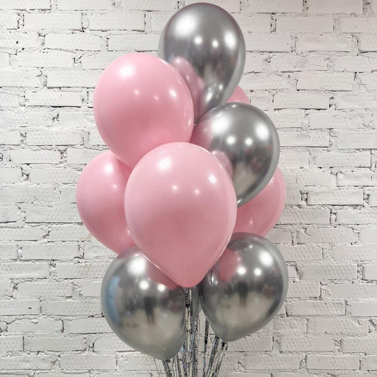 Helium-Filled Pink and Silver Chrome Balloon Set with Rain