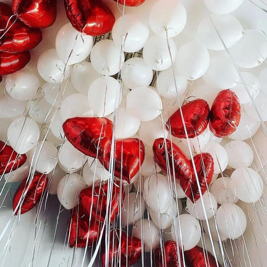 Ceiling Balloon Set White Latex and Red Foil Hearts