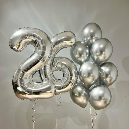 Silver Chrome Birthday Balloon Set with Number 26 – 12 Balloons