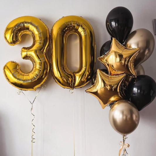 Black & Gold 30th Birthday Balloon Set with Number Foils and Stars