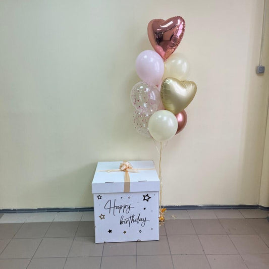 Surprise Box with Foil Hearts, Confetti & Pastel Latex Balloons