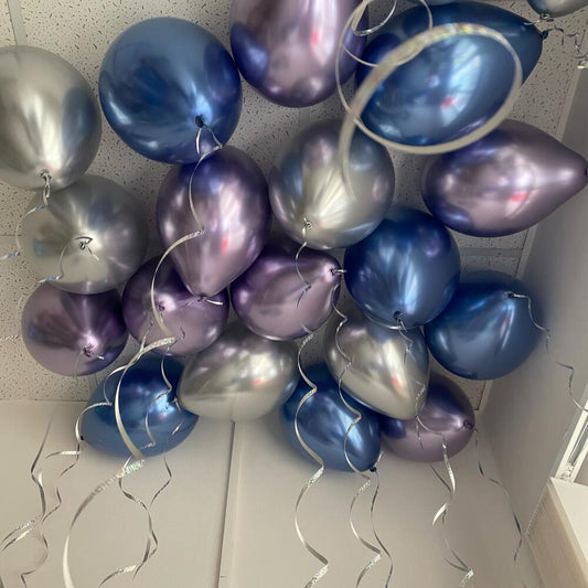 Chrome Ceiling Balloon Set – Silver, Blue & Purple (15 Balloons, 14")
