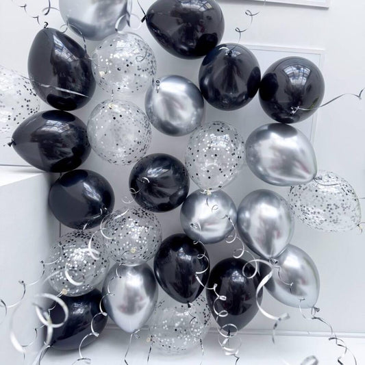 Black, Silver Chrome & Confetti Ceiling Balloons