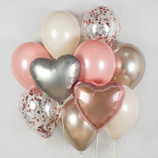 Rose Gold & Silver Heart Balloon Bundle – With Chrome, Confetti & Latex Balloons