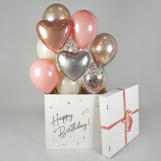 Birthday Surprise Balloon Box with Rose Gold, Silver & Confetti Balloons – 13 Balloons