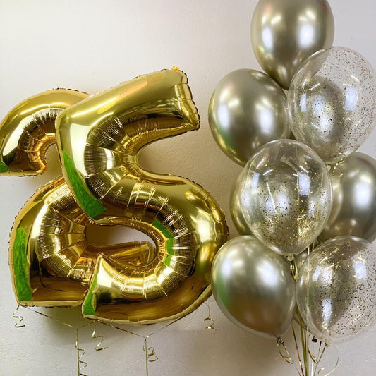 Silver Chrome & Confetti Birthday Balloon Set with Number 25 – 10 Balloons