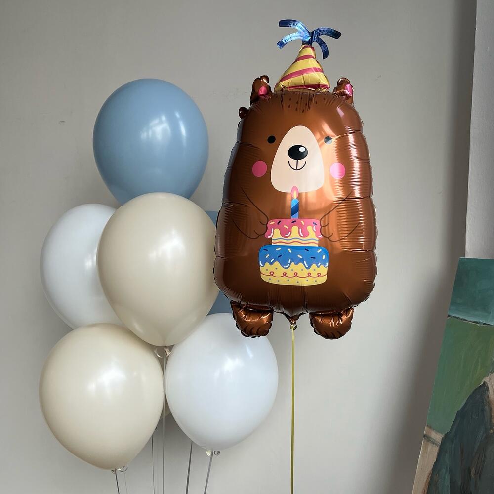 Bear-Themed Birthday Balloon Bouquet with Foil Bear and Latex Balloons – 7 Balloons