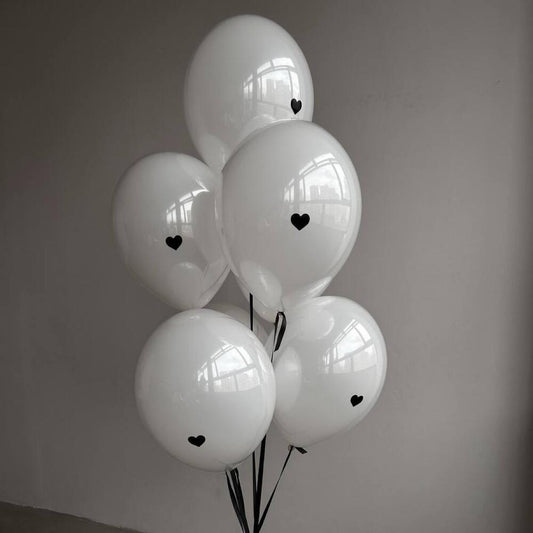 7 White Double Balloons with Black Heart Print