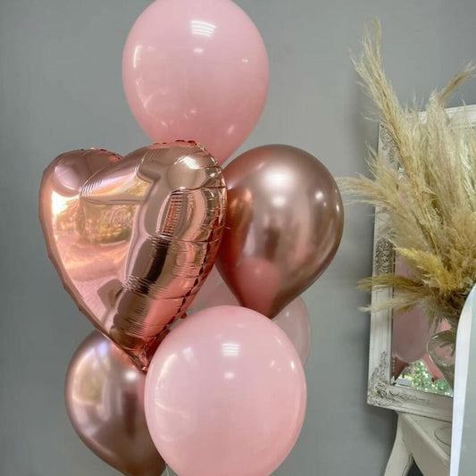 Set of 7 Balloons with Rose Gold Heart and Chrome Accents