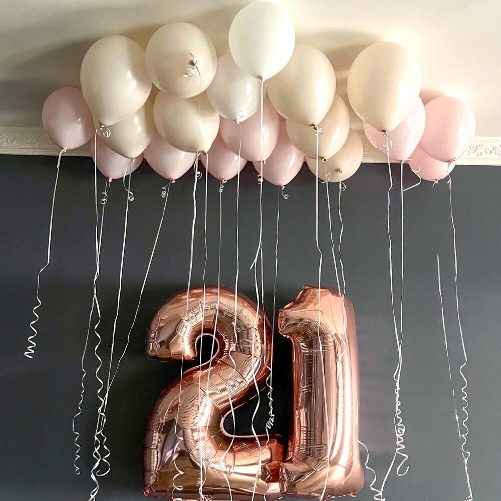 19 Helium Ceiling Balloons with Rose Gold Number Balloons