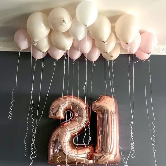 19 Helium Ceiling Balloons with Rose Gold Number Balloons