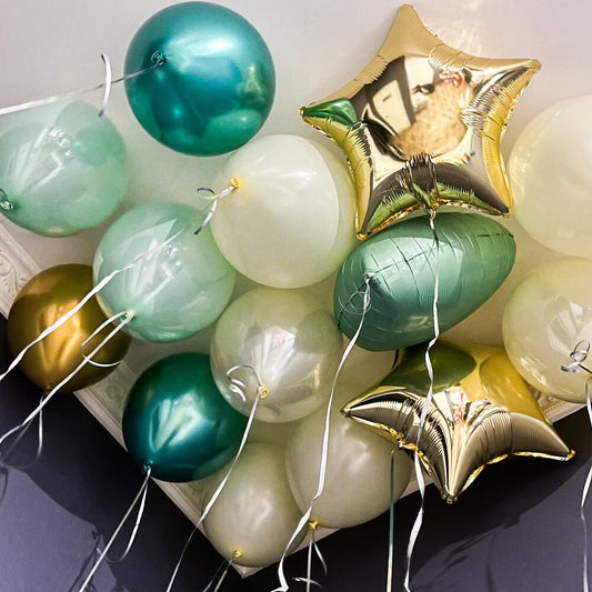 💚 Mint & Gold Ceiling Balloon Set 🎈✨ – Chrome, Foil Star & Heart Balloons (14pcs)