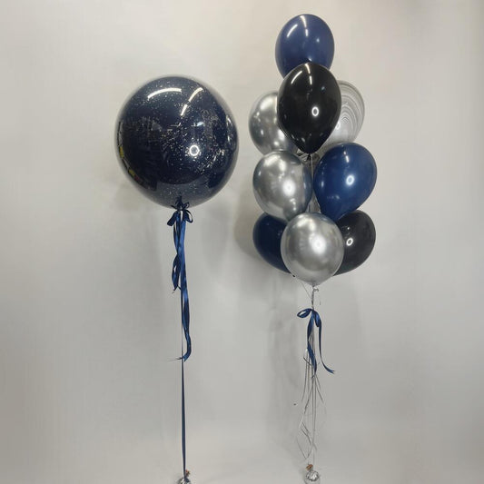 Luxury Balloon Fountain with Large Blue Confetti Balloon and Chrome Accents