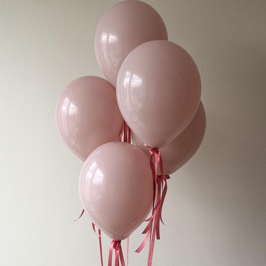 5 Dusty Pink Latex Balloons with Satin Ribbons – 12" Helium-Filled