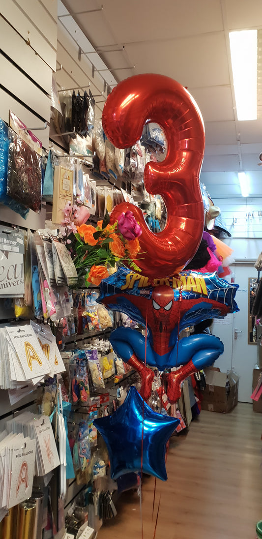 Spiderman Foil with Number 3 and Star Foil Balloons Bouquet