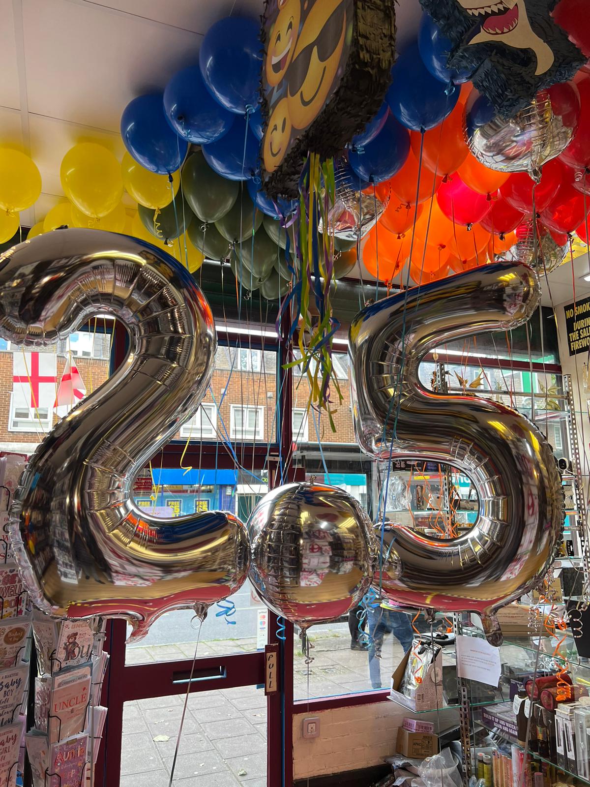 Number 25 & Orbz Foil Balloons with Multi Color Latex Ceiling Balloons