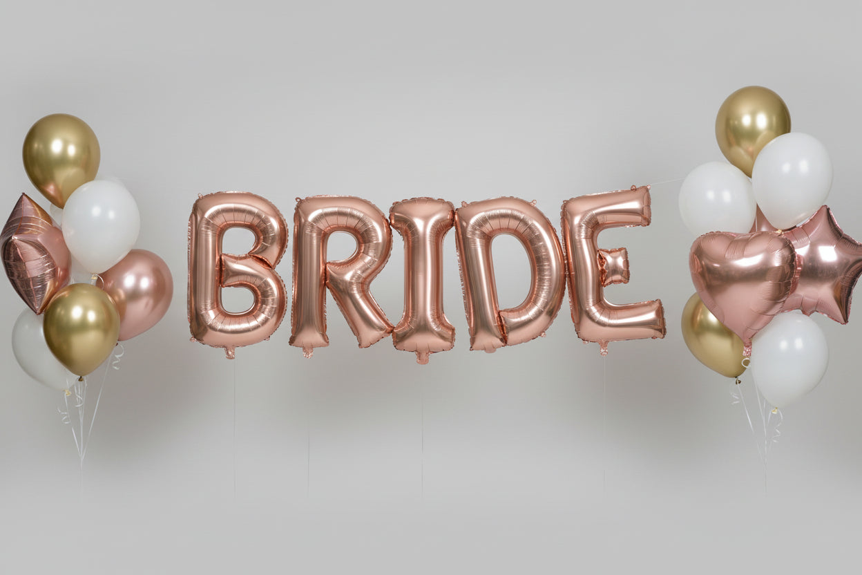 Rose Gold Letter "BRIDE" Foil Balloons with mixture of Foil and Latex Side Bouquets