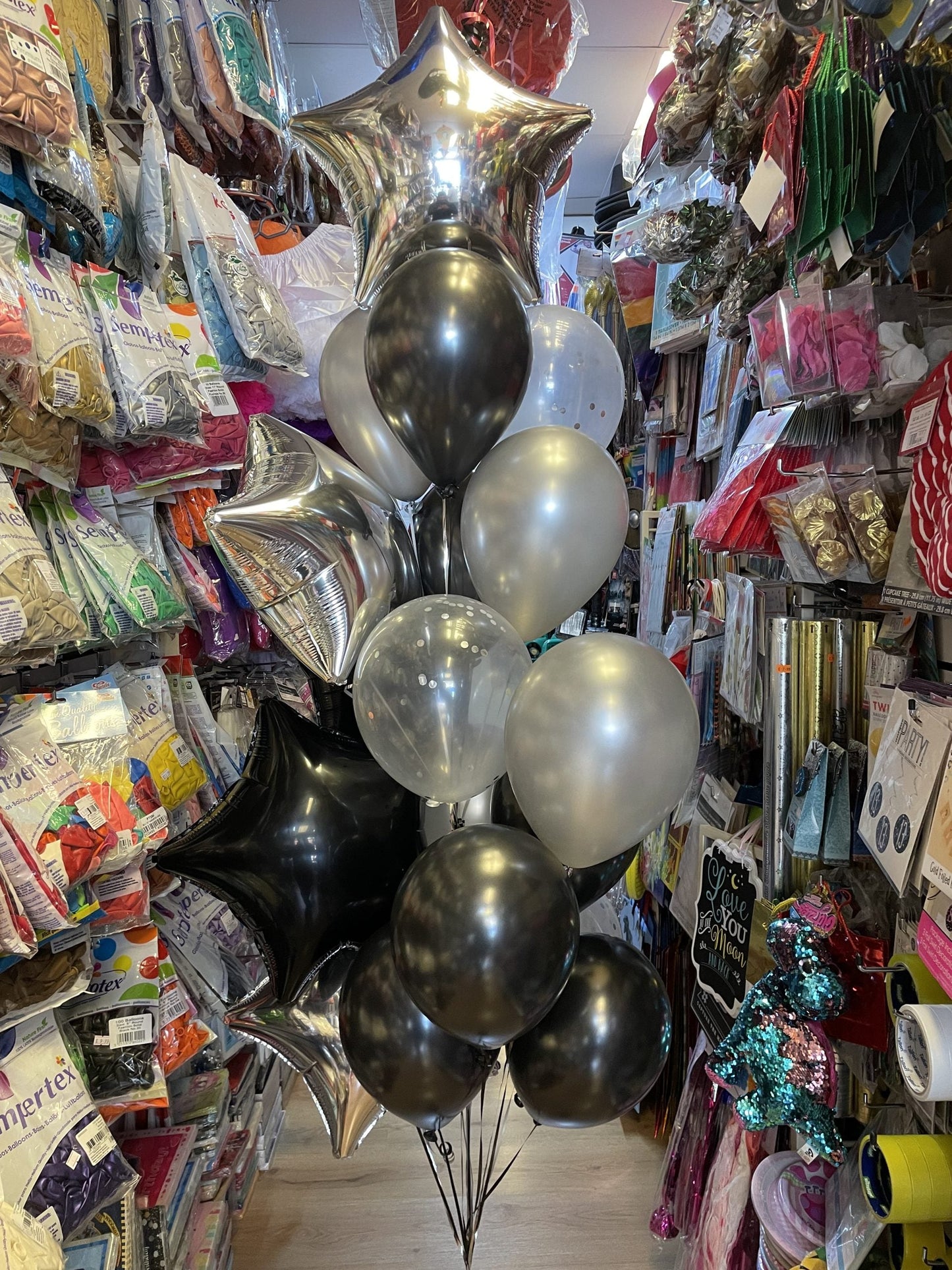 Star Foil Black Silver with Chrome Latex Balloons Bouquet