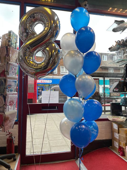 Number Foil Blue, Silver Latex Party Balloons Bouquet