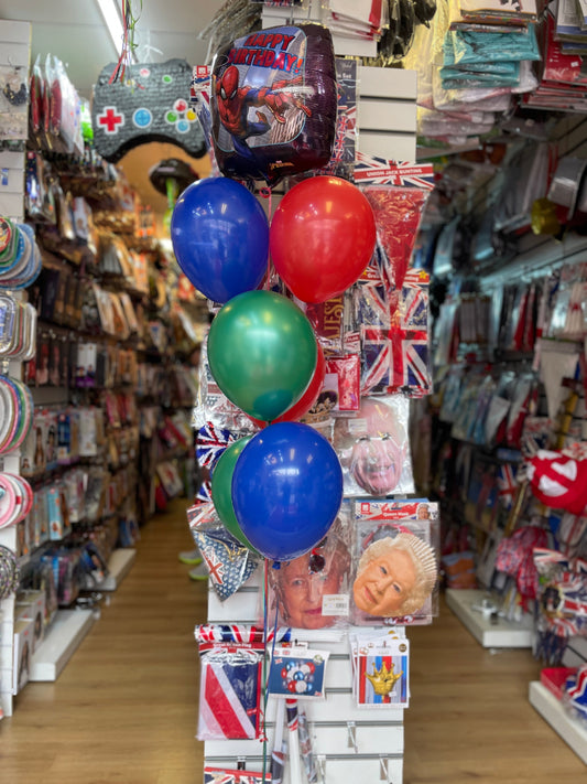 Foil Spiderman with Red, Blue & Green Latex Birthday Balloons