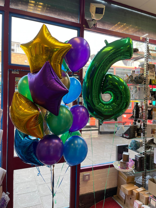 Mix Colour Latex Balloons Bouquet with Star Minifoil & Number 6